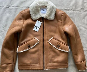 ❤️ZARA MENS Camel Size S Double Faced Faux Shearling AVIATOR Bomber Jacket NEW - Picture 1 of 21