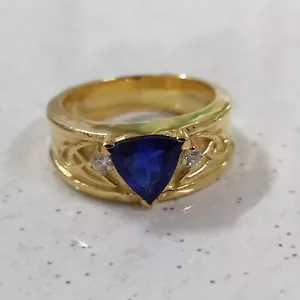 14K Massiv Gelbgold Labor Blau Saphir Herren Ring, Herren Schmuck, Handgefertigter Ring - Bild 1 von 7