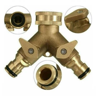 Hose Pipe Valve Splitter Quick Connector Adaptor Y-shaped Garden Tap 2 Way Brass - Image 1 of 4