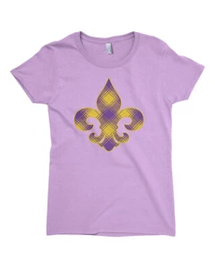 Plaid Mardi Gras Fleur De Lis Girls Fitted T-Shirt New Orleans Party - Picture 1 of 12