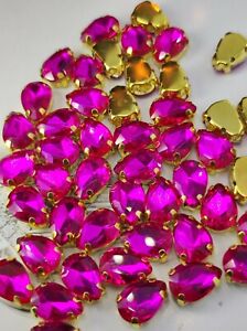 Teardrop Sew On Gold Claw Magenta Pink Glass Gems Crystals Beads 7x10mm 50pcs