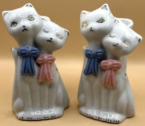 Mini Vases Cats with White  Blue and Pink Bow Ceramic Figurines 3-1/2 in Vintage - Picture 1 of 7