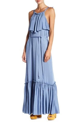Maxi Vestido Free People Azul Volantes Sin Mangas Tirantes Popover Talla M Nuevo con Etiquetas $250 VM08 Foto 1 de 2