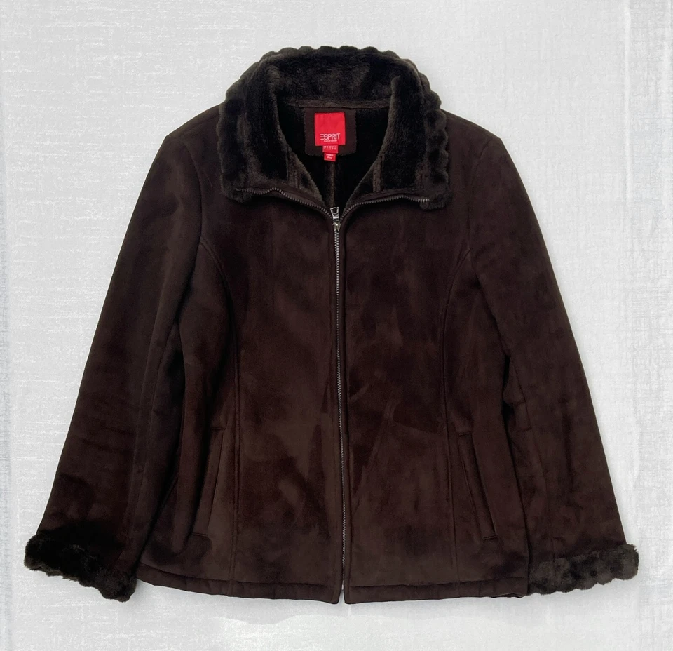 Vintage ESPRIT IMITACIÓN GAMUZA/ABRIGO DE PIEL/CHAQUETA MARRÓN OSCURO MUJER L Foto 1 de 4