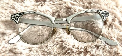 Marco de gafas grabadas vintage ojo de gato SHURON plateado aluminio años 50 Foto 1 de 4