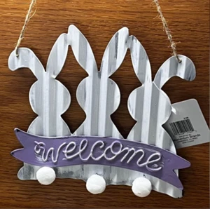 New! "WELCOME" White Metal Triple Bunny Sign Rustic Farmhouse Decor 8"x5" - Picture 1 of 2