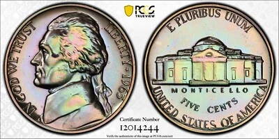 Cello Rainbow Toned 1963 Proof Jefferson Nickel 5c PCGS PR67 Two Sided PQ Color - Image 1 of 3