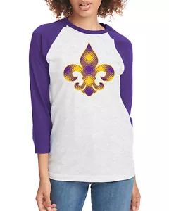 T-shirt Raglan unisex a quadri Martedì Grasso Fleur De Lis Fat Tuesday - Foto 1 di 4
