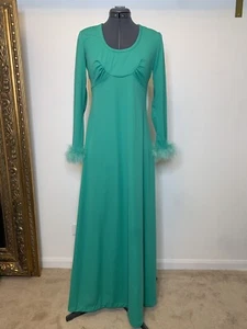 maxi vestido vintage años 60 70 verde esmeralda manga larga puños plumas - Imagen 1 de 9