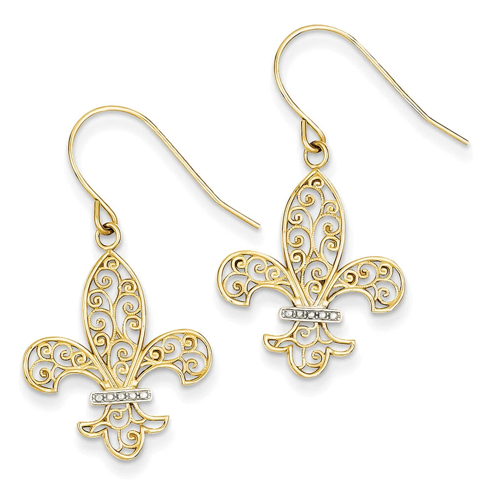 14k Yellow Gold & Rhodium Fleur de lis Shepherd Hook Earrings TM793 - Image 1 of 1