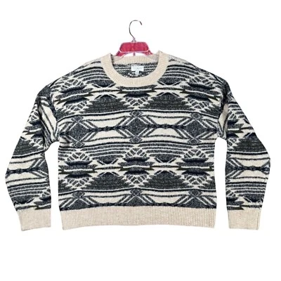 Suéter acanalado manga larga cuello redondo estampado azteca beige y negro Lucky Brand L Foto 1 de 4