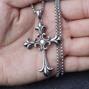 Men Women Silver Cross Pendant Necklace Catholic Christian Jewelry Box Chain 24" - Picture 1 of 5