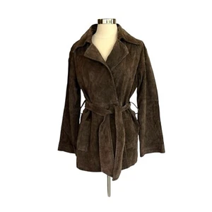 Vintage Margaret Godfrey Brown Real Genuine Suede Leather Tie Waist Jacket Med - Picture 1 of 5