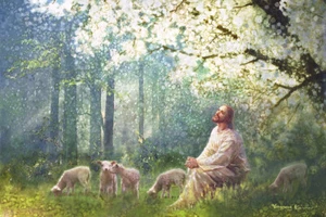 Yongsung Kim SWEET IS THE WORK Canvas Art Jesus Smiling While Watching Lambs - Picture 1 of 1
