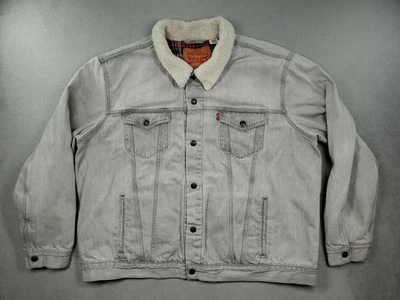 Chaqueta Levis Jean Para Hombres XXL Gris Franela a Presión Forrada Cuello Sherpa Camionero Denim Foto 1 de 4