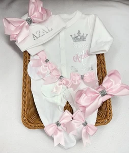 Newborn baby Girl BABYGROW Hat Pink Bows Set FREE Headband Personalised SALE - Picture 1 of 5