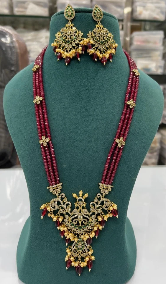 CZ Multi Strand Long Necklace 3 layer  Emerald Beaded set with matching earrings - Image 1 of 1