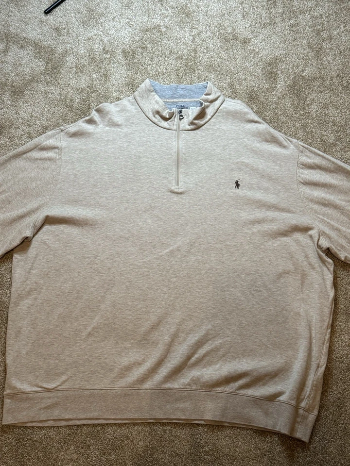 Polo Ralph Lauren Mens Sweater 4XB 1/4 Zip Pullover 4XL Big Cotton Oatmeal - Image 1 of 4