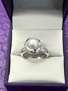 ❤️ James Avery Anillo Envolvente Perla Blanca Plata de Ley 925 Banda Retirado Talla 8 - Imagen 1 de 9