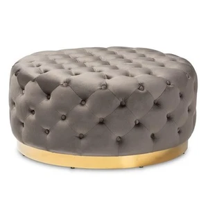 Baxton Studio Sasha Gray Velvet Upholstered Gold Finished Cocktail Ottoman - Picture 1 of 6