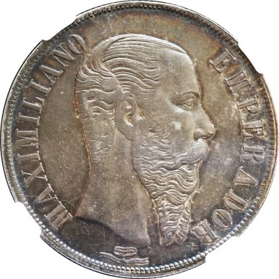 México 1 Peso Mo 1866 Maximiliano, NGC MS62. Tonificado. KM# 388.1 Foto 1 de 4