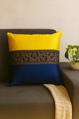 Navy Blue & Yellow Satin Cushion Cover with Golden Brocade Panel Set Of 4 - Image 1 of 4