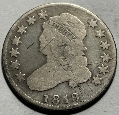 Busto tapado 1819 cuarto tamaño grande, pequeño 9 — detalles circulados, mejor fecha  Foto 1 de 3