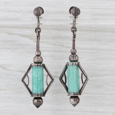 Pendientes colgantes vintage de amazonita de plata de ley con tornillos traseros sin perforar como están Foto 1 de 4