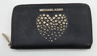Cartera Michael Kors Diseñador Negro y Oro Rosa Corazón Tachonado 7" Cremallera Foto 1 de 4