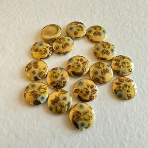G46 Vintage glass cabochons 10mm round yellow rose on gold (16) - Picture 1 of 1