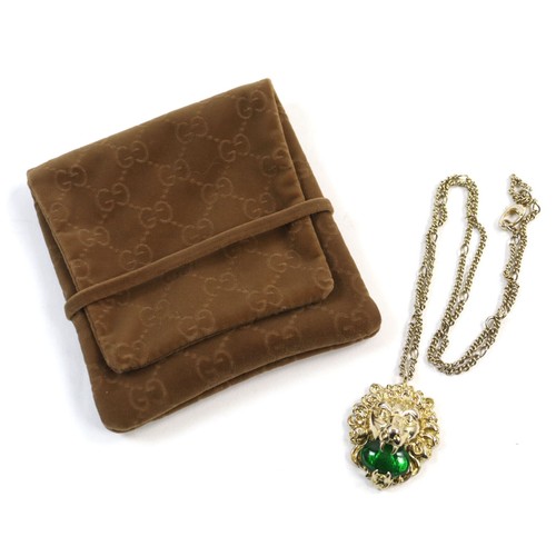GUCCI 412885 Ciondolo Testa di Leone Pietra Colorata Collana Oro Verde