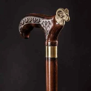 Designer Handcarved Aries Head handle Wooden Walking Stick Handmade Adult Cane A - Picture 1 of 4