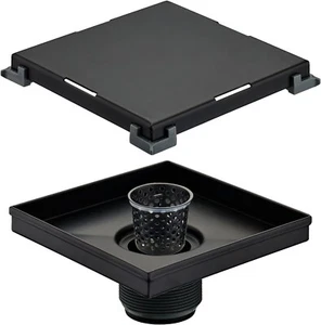 Matte Black 6-Inches Square Shower Drain with 2-in-1 Flat & Tile Insert Cover - Picture 1 of 8
