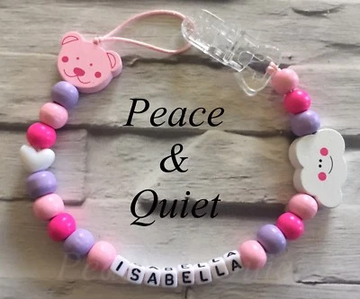PEACE & QUIET Personalisierter Schnullerclip💕Holz🐻Schnullerkette💕natur🐻rosa💕Mädchen🐻Geschenk #PWW