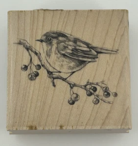 Inkadinkado 97894-O Bird on a Branch with Berries Wood Mount Rubber Stamp - Picture 1 of 6