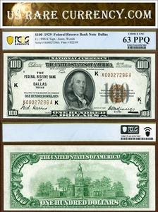 1929 $100 Federal Reserve Bank Note PCGS CU63PPQ Graded Dallas Texas FR-1890K - Picture 1 of 3