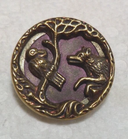 Vintage Antique Metal Picture Story Button THE FOX & THE CROW 7/8" Cover