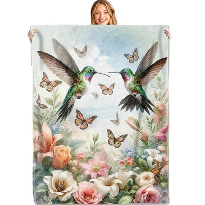 Floral Hummingbird Throw Blanket, 50x60in, Soft, Lightweight Flannel,Romantic... - Image 1 of 4