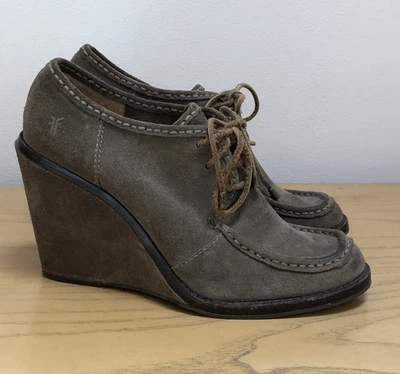 Sapatos femininos FRYE Caroline de renda marrom baixo camurça cinza com cadarço tamanho 10M - Imagem 1 de 4