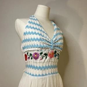 1970s Cotton Fairycore Boho Halter Dress Embroidered Floral 28-35 Inch Bust VTG - Picture 1 of 13