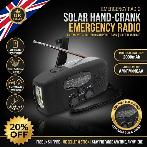 Black Emergency Wind Up Solar Hand Crank Radio Power Bank Charger FM/AM ...