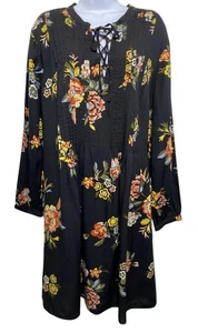 Old Navy Dress Womens XL Black Floral Lace Up Tunic Boho Rayon Long Sleeve NEW - Picture 1 of 13