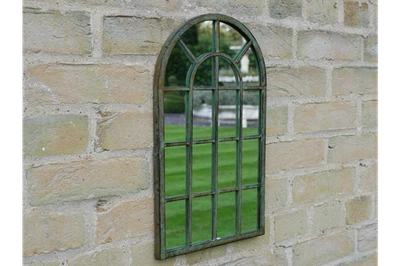 Rustic Arch Window Mirror with Bars, Curved Distressed Green Garden Wall Mirror - Image 1 of 3