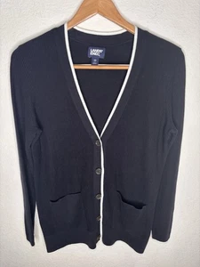 Lands' End Black White Trim 100% Cotton Cardigan Sweater Size XS Women 2 - 4 - Picture 1 of 7