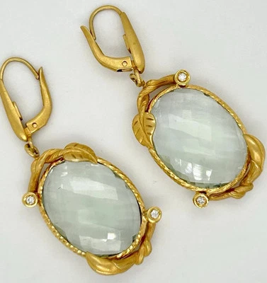 14k Yellow Gold Earrings Natural Diamond &  Prasiolite Checkerboard Cut  - Image 1 of 4
