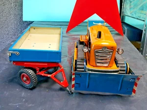 VINTAGE BULLDOZER 60'S MSB TRACTOR & TRAILER TOY BATT. OPERATED GERMANY DDR GDR  - Picture 1 of 12