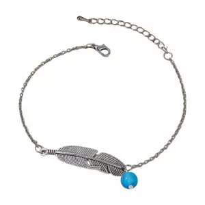 Boho Cavigliera Bracciale Argento Piuma Charm Blu Turchese Perline Catena Regolabile - Foto 1 di 4