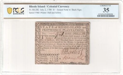 1780 $1 Rhode Island Colonial Currency RI-282 PCGS Ch VF 35 - Image 1 of 2