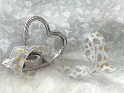 GLITTER BALLS Gold & Silver on sheer organza Christmas - Luxury Wire Edge Ribbon - Изображение 1 из 4