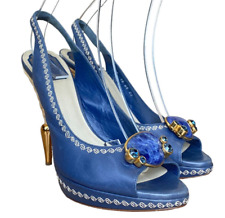 CHRISTIAN DIOR Navy Leather Blue Jeweled, Straw & Gold Heels Slingbacks Size 38